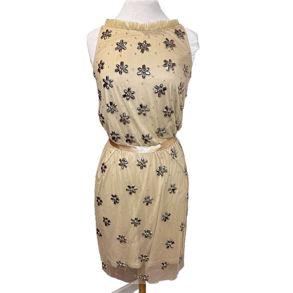 Adrianna Papell Dress Tan Gem Flowers sparkle Cocktail Evening Dress size 8